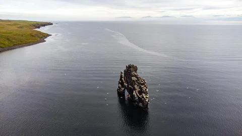 Sea Stack Rock Formation Misty Atlantic Ocean Iceland Aerial Stock Photos