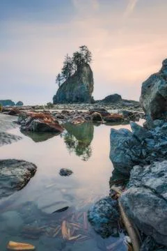 Sea stack in sunset time with blue and purple light,scenic view of second bea Stock Photos