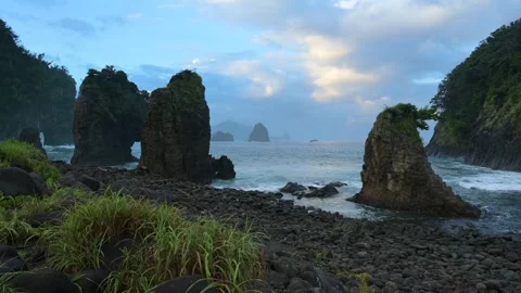 Sea stacks and dramatic clouds in Izu peninsula, Shizuoka Prefecture, Japan Stock Footage 249639108
