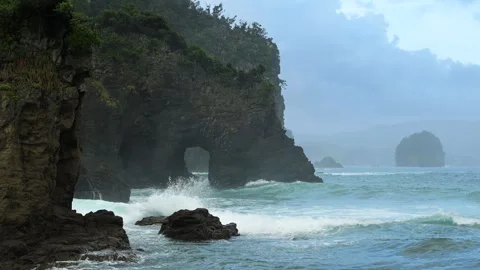 Sea stacks and dramatic clouds in Izu peninsula, Shizuoka Prefecture, Japan Stock Footage 249639329