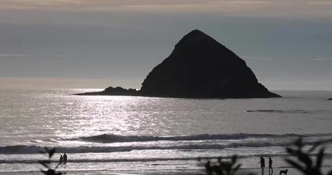 Sea stacks with gentle waves breaking on a sandy beach in Oregon 库存影片 251501086