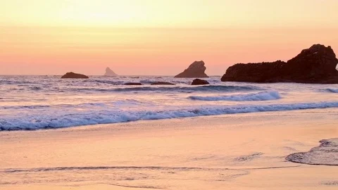 Sea stacks in waves at sunset Harris Beach 3 Oregon Coast Oregon 15 Stock Footage 81869242