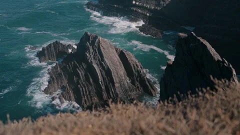Sea stacks with white stork nests in turquoise water, Cabo Sardao, Portugal Stock-Footage 346479999
