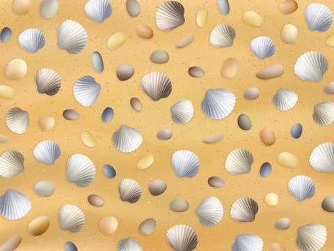 Sea stones on the sand. Shells. Vector seashore. Summer background. Stock-Illustration