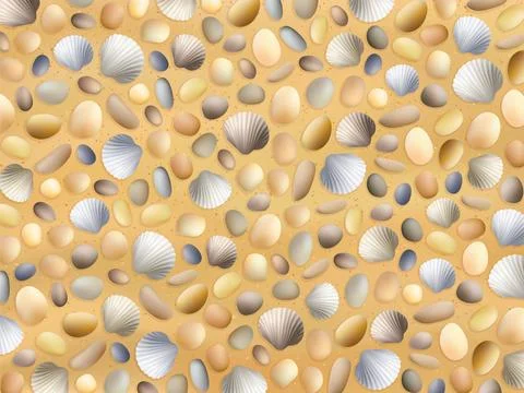 Sea stones on the sand. Shells. Vector seashore. Summer background. Stock-Illustration