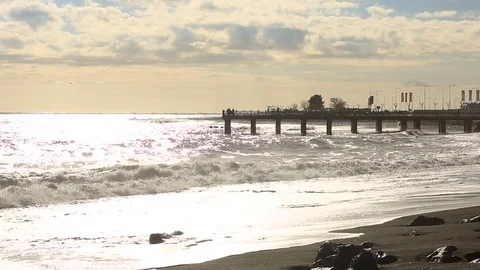 Sea storm, huge waves of foaming are broken against stones Stock Footage 74806201