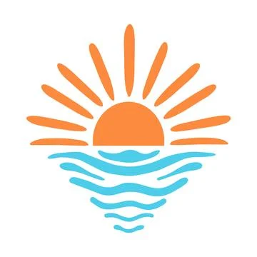 Sea sunset vector illustration. Half sun shape and water waves isolated on white Stock Illustration