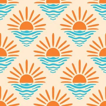 Sea sunset vector seamless pattern. Summer beach repeat design. Half sun shape Stock Illustration