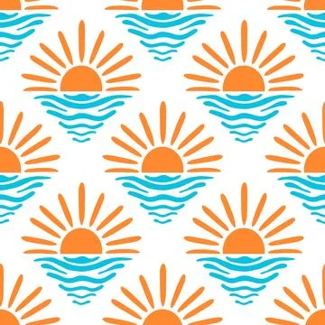 Sea sunset vector seamless pattern. Summer beach repeat design. Orange half sun Stock Illustration