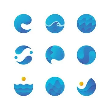 Sea surface, ocean waves logos and water labels. Swimming pool badges. Isolated Illustrazione stock