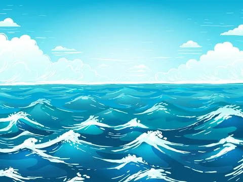 Sea surface. Ocean waves. Water ripple. Marine nature scenery. Sky clouds. Bl Stock Illustration