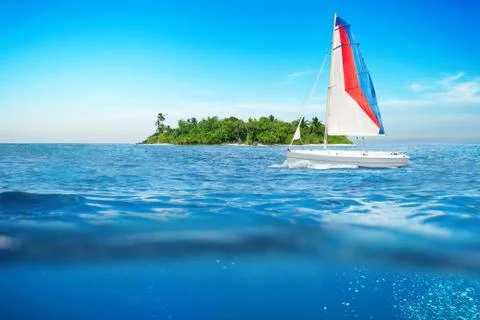 Sea surface summer wave background with sailboat. Exotic water landscape with Stock Illustration