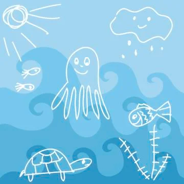 Sea theme, octopus, fish, turtle, sun and cloud on waves background. White on Stock Illustration