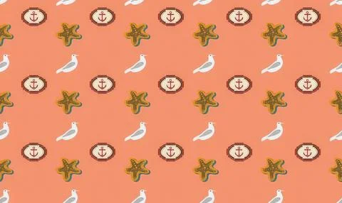 Sea-themed pattern with anchors shells and seagulls on coral background Stock Illustration