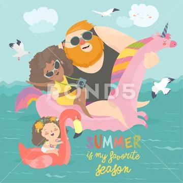 Sea time. Cute family enjoy summer vacation at the sea Stock Illustration