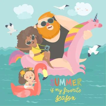 Sea time. Cute family enjoy summer vacation at the sea Stock Illustration