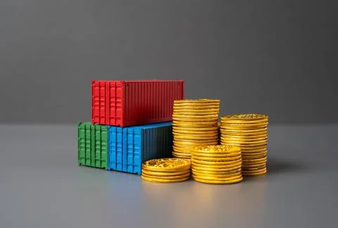 Sea trade containers and a stack of coins. World trade. Prices, tariffs and.. Stock Photos
