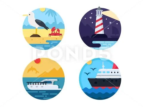 Sea travel set icons Stock Illustration