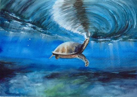 Sea turtle in a blue ocean Stock Illustration