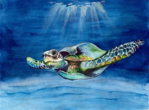 Sea turtle in blue water with rays of light Stock Illustration
