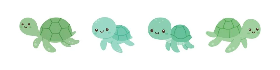 Sea turtle cartoon set. Cute style marine animals for ocean and wildlife designs Stock Illustration