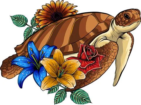 Sea turtle with flower vector illustration Stock Illustration