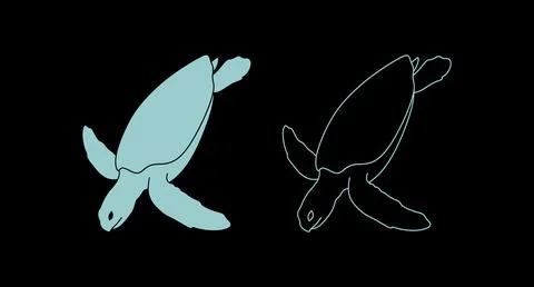 Sea turtle icon pair in solid light blue and simple outline with black back.. Stockillustratie