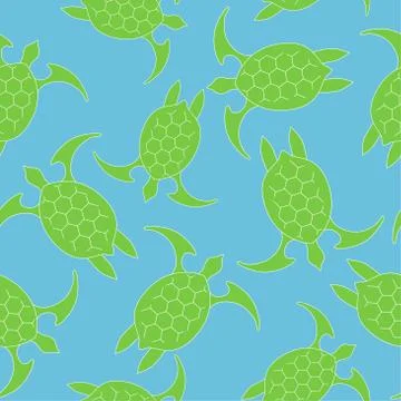 Sea turtle icon. Seamless pattern with green turtle turquoise on a blue backg Stock Illustration