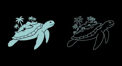Sea turtle with palm trees on shell icon in flat and outline style Stockillustratie
