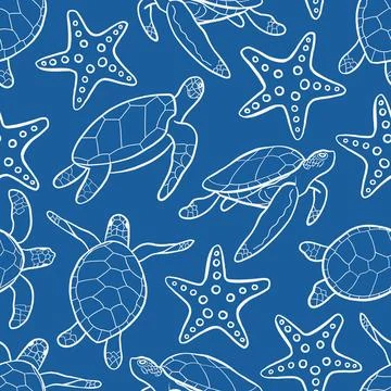 Sea Turtle Seamless Pattern on Blue Background Vector Illustrazione stock