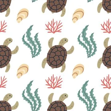 Sea turtle seamless pattern with cute marine animals seaweed and coral on white Stock Illustration