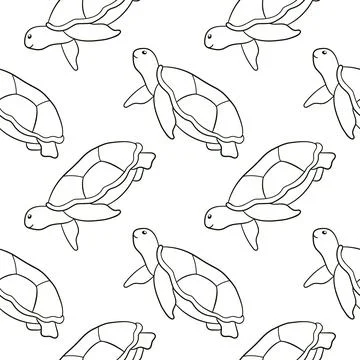Sea turtle seamless pattern in line art style. Silhouette of undersea animal for イラスト素材