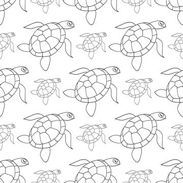 Sea turtle seamless pattern. Ocean floor marine life hand drawn doodle outline Stock Illustration