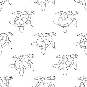 Sea turtle seamless pattern. Ocean floor marine life hand drawn doodle outlin Illustrazione stock