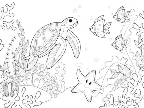 Sea turtle swims among algae and other fish. Coloring book, vector children 스톡 일러스트