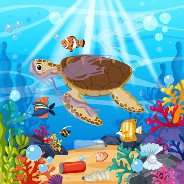 Sea Turtle Trapped in Plastic Waste Underwater with Tropical Fish Stockillustratie