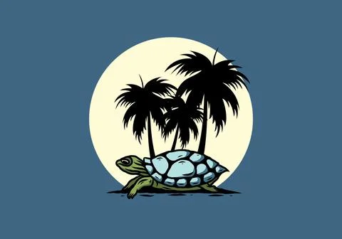 Sea turtle under the coconut tree illustration Stockillustratie