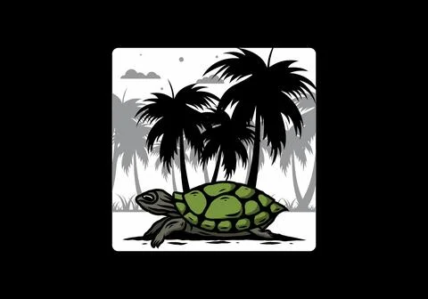 Sea turtle under the coconut tree illustration イラスト素材