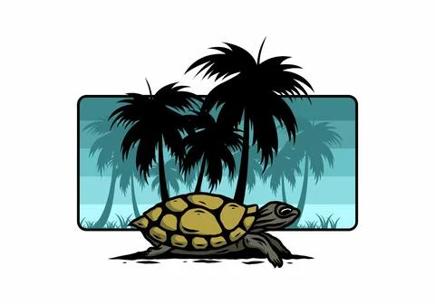 Sea turtle under the coconut tree illustration Stock Illustration