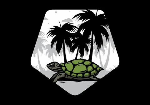 Sea turtle under the coconut tree illustration Stock Illustration