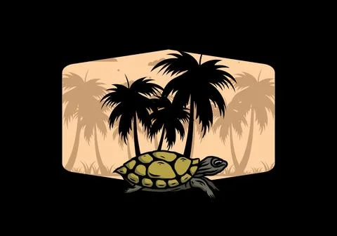 Sea turtle under the coconut tree illustration Illustrazione stock