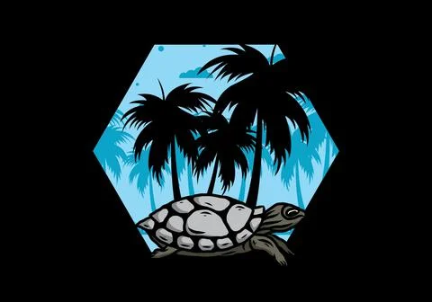 Sea turtle under the coconut tree illustration Stock Illustration