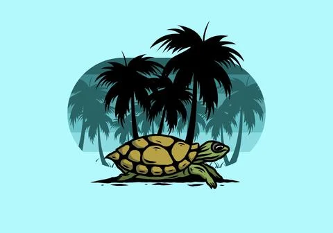 Sea turtle under the coconut tree illustration Illustrazione stock