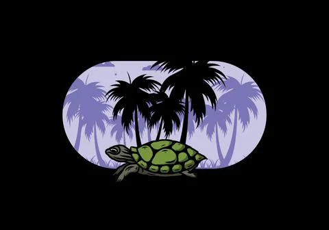 Sea turtle under the coconut tree illustration Stock Illustration