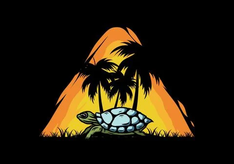 Sea turtle under the coconut tree illustration Stock Illustration