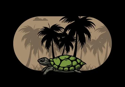 Sea turtle under the coconut tree illustration Stock Illustration