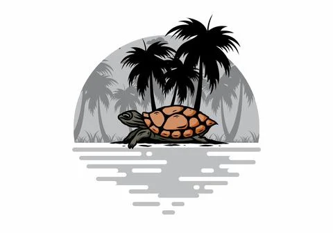 Sea turtle under the coconut tree illustration Stockillustratie