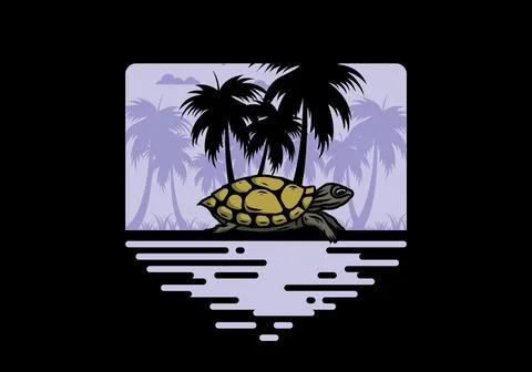 Sea turtle under the coconut tree illustration Stock Illustration