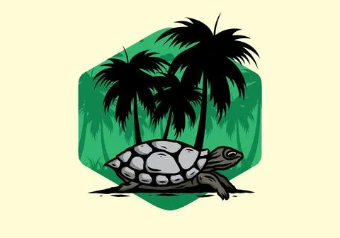 Sea turtle under the coconut tree illustration Stockillustratie