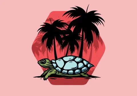 Sea turtle under the coconut tree illustration Illustrazione stock